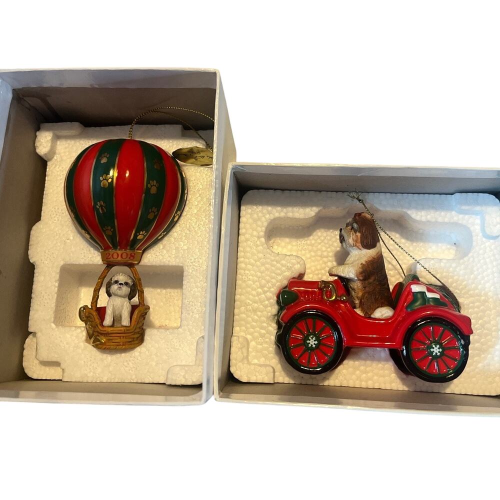 2 Danbury Mint Shih Tzu Christmas Ornaments Holiday Adventure Rockin Roadster